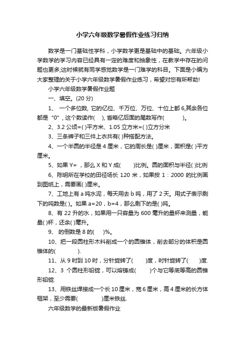 小学六年级数学暑假作业练习归纳