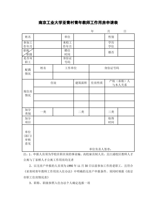 南京工业大学亚青村青年教师工作用房申请表