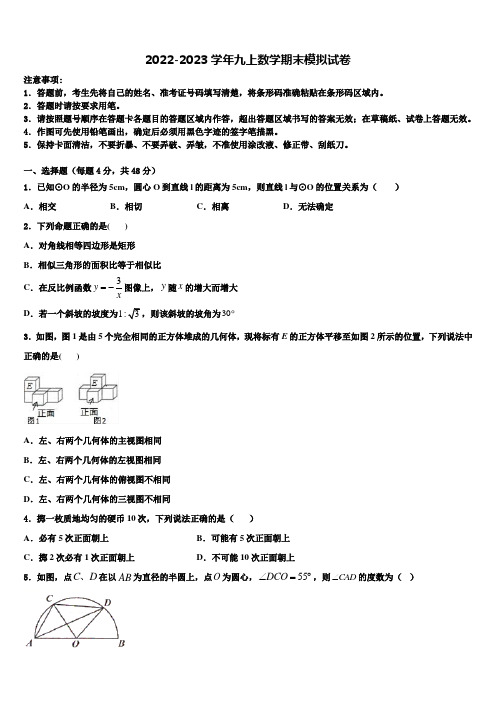 2022-2023学年山东省单县北城第三初级中学数学九上期末达标测试试题含解析