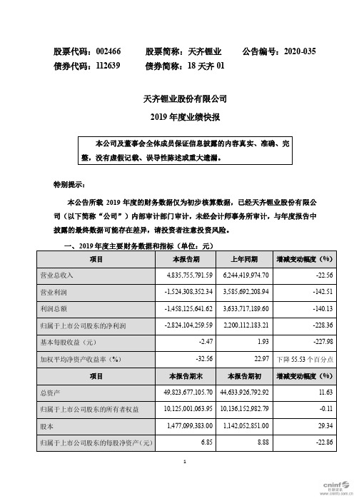 天齐锂业：2019年度业绩快报