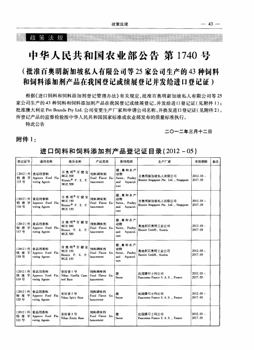 中华人民共和国农业部公告第1740号(批准百奥明新加坡私人有限公司等25家公司生产的43种饲料和饲料添加