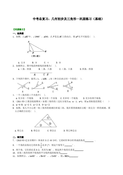 华东师大初中数学中考总复习：几何初步及三角形--巩固练习(基础)(1)[精品]