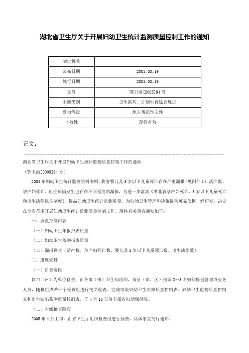 湖北省卫生厅关于开展妇幼卫生统计监测质量控制工作的通知-鄂卫函[2005]94号