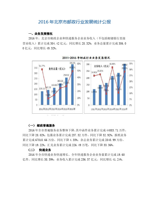 2016年北京市邮政行业发展统计公报