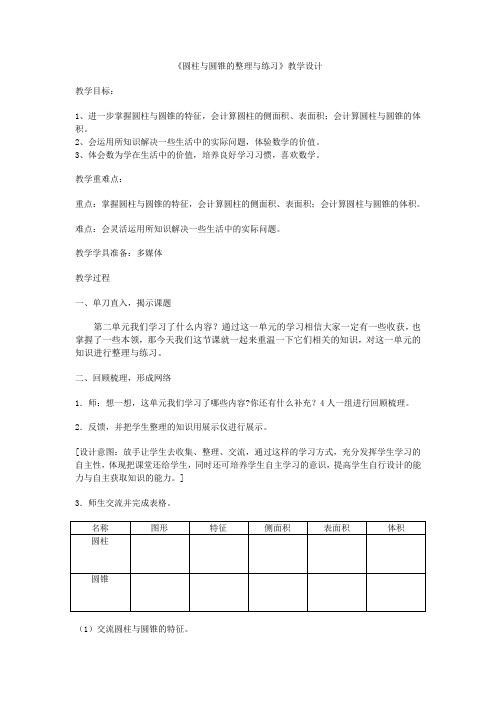 六年级下册数学教案圆柱和圆锥整理与练习苏教版