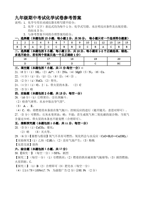 沪教版化学九年级下册期中参考答案