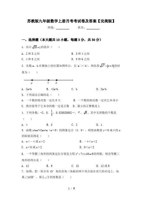 苏教版九年级数学上册月考考试卷及答案【完美版】