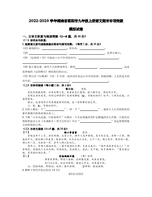 2022-2023学年湖南省邵阳市九年级上册语文期末专项突破模拟试卷(含解析)