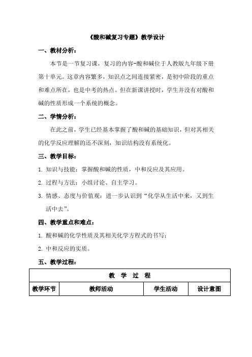 初中化学_酸和碱复习专题教学设计学情分析教材分析课后反思