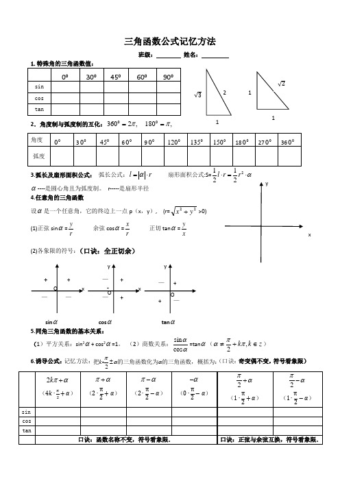 三角函数公式记忆方法