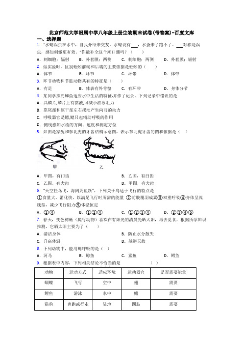 北京师范大学附属中学八年级上册生物期末试卷(带答案)-百度文库