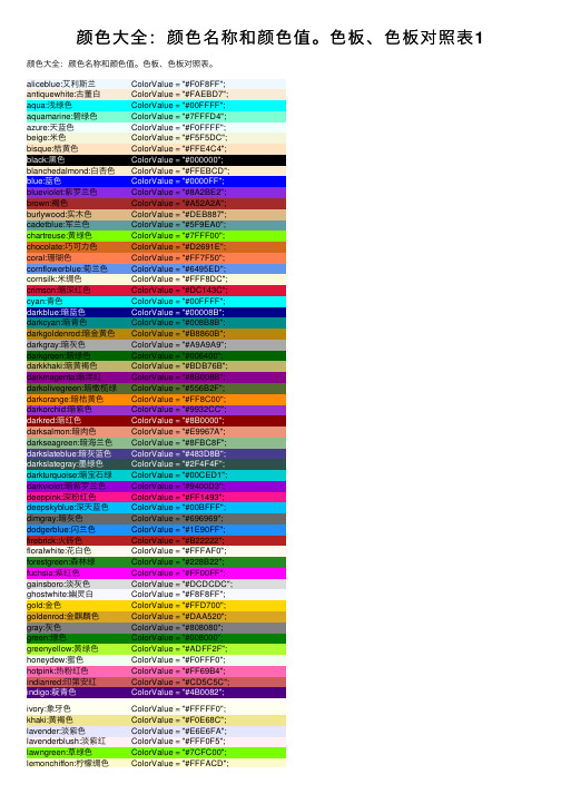 颜色大全：颜色名称和颜色值。色板、色板对照表1