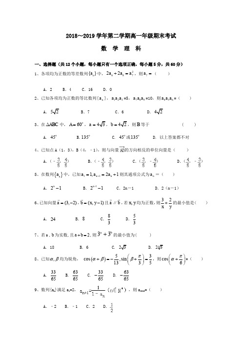 山西省朔州市怀仁某校2018_2019学年高一数学下学期期末考试试题理