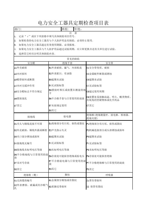 电力安全工器具定期检查项目表