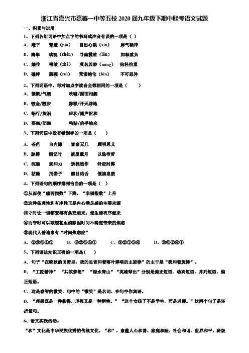 【附20套中考模拟试题】浙江省嘉兴市嘉善一中等五校2020届九年级下期中联考语文试题含解析