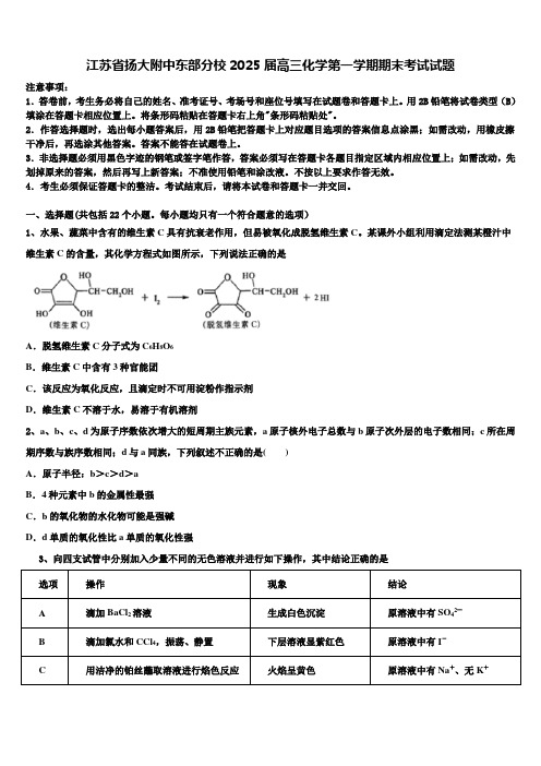 江苏省扬大附中东部分校2025届高三化学第一学期期末考试试题含解析