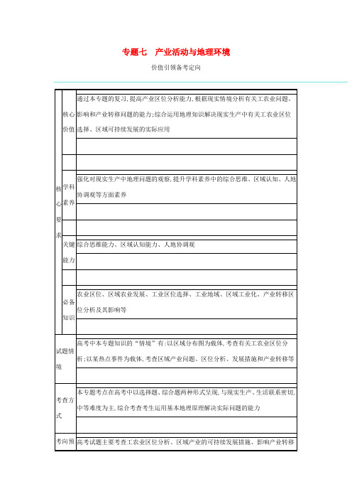 高考地理二轮复习 专题七 产业活动与地理环境学案-人教版高三全册地理学案