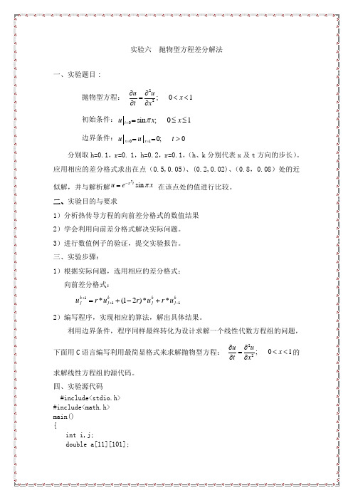 实验六  抛物型方程差分解法