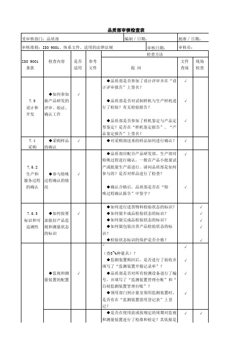 ISO9001审核品质部审核检查表