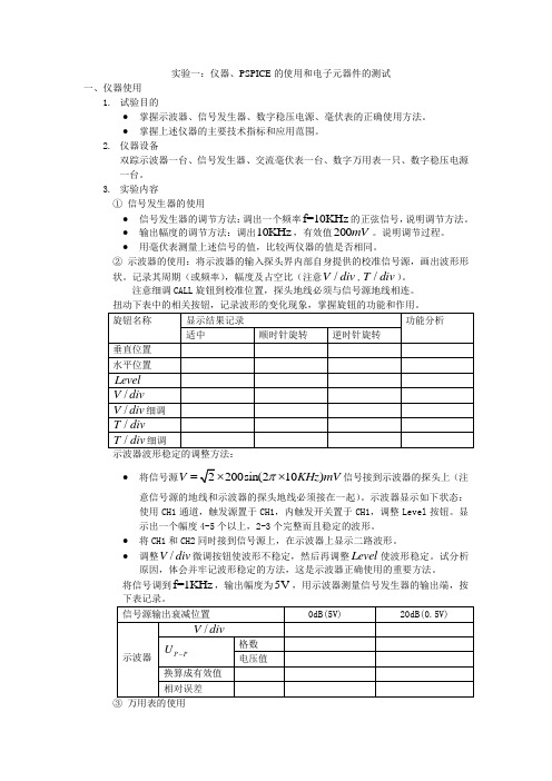 实验一：仪器、PSPICE的使用和电子元器件的测试