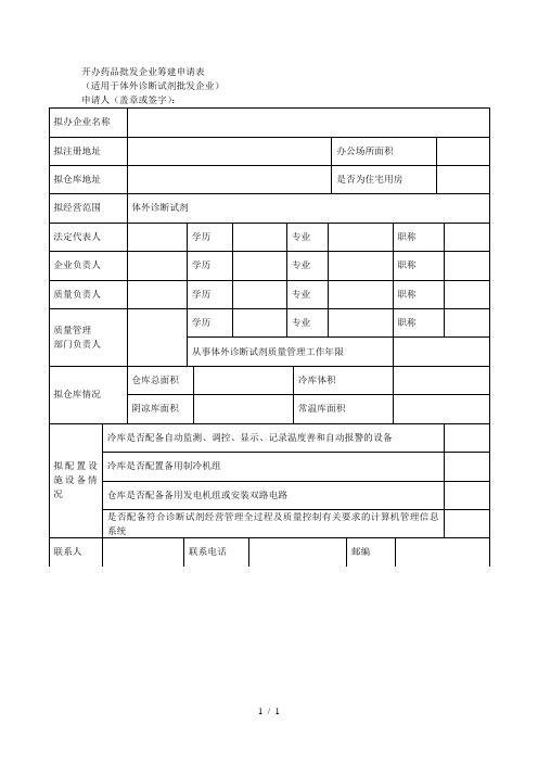 开办药品批发企业筹建申请表