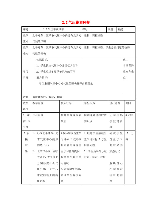 高中地理第二章地球上的大气2.2气压带和风带课时1教案新人教版必修1