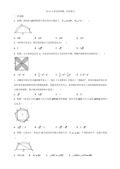 人教版九年级上册数学  24.3正多边形和圆   同步练习