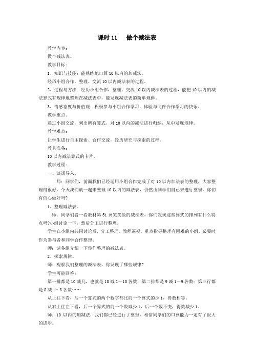 一年级数学上册第三单元加与减(一)课时11做个减法表教案北师大版