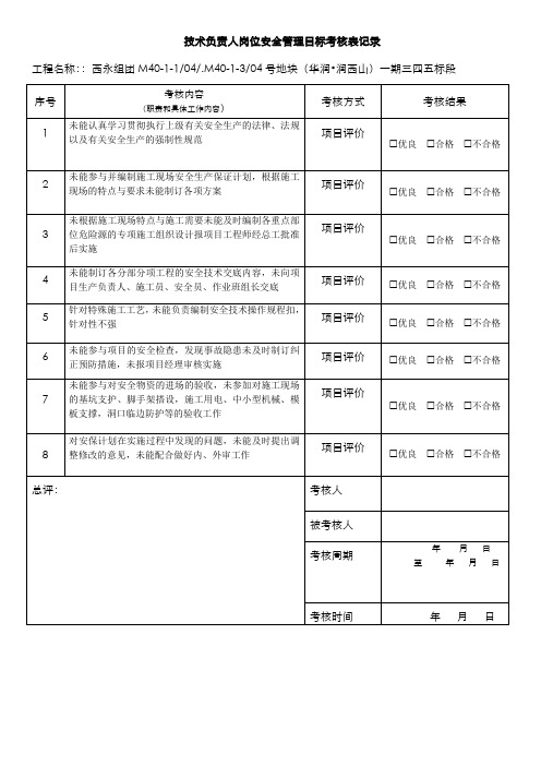 技术负责人岗位安全管理目标考核表记录