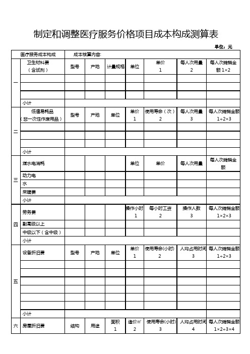 制定和调整医疗服务价格项目成本构成测算表