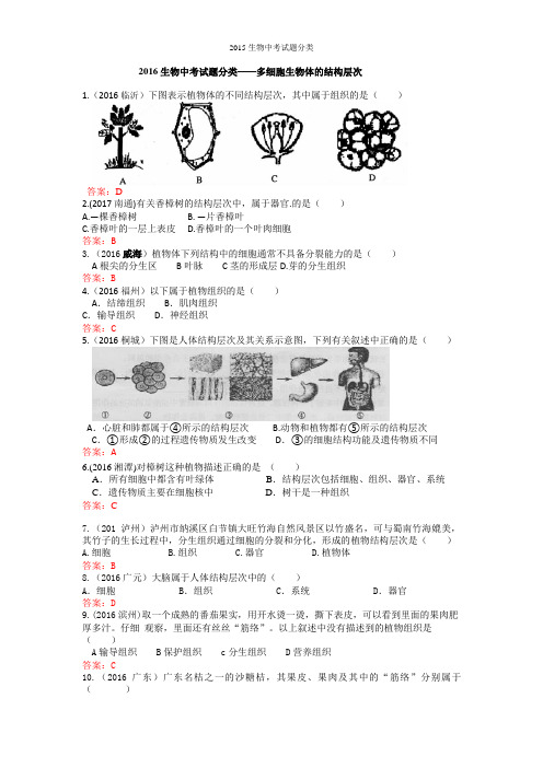 2016生物中考试题分类——多细胞生物体的结构层次