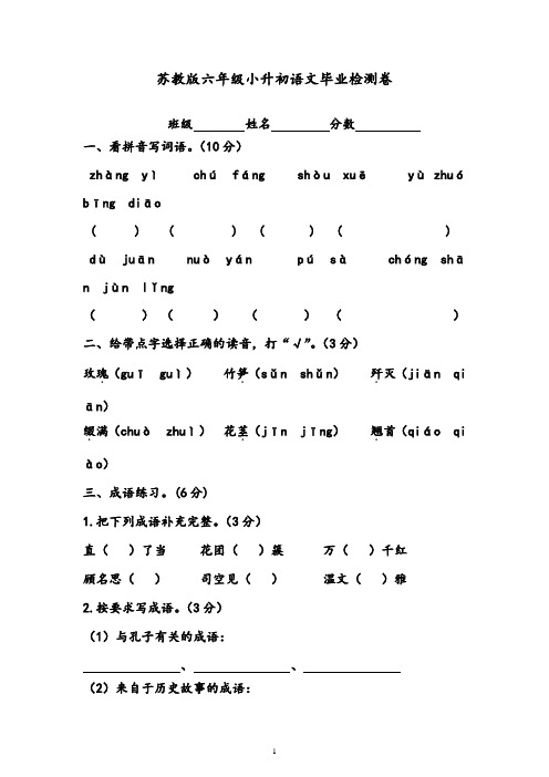 【优质】六年级语文 小升初检测试卷 (八)苏教版