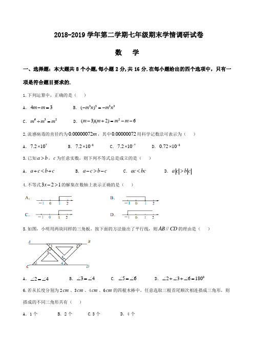 江苏省南京市玄武区2018-2019学年七年级第二学期期末检测数学试题及参考答案