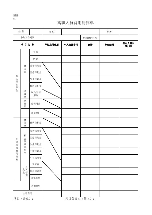 离职人员费用清算单