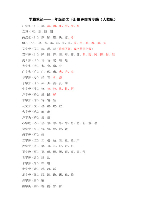 学霸笔记——一年级语文下册偏旁部首专练(人教版)