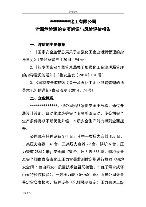 泄漏危险源专项辨识与风险评估分析报告