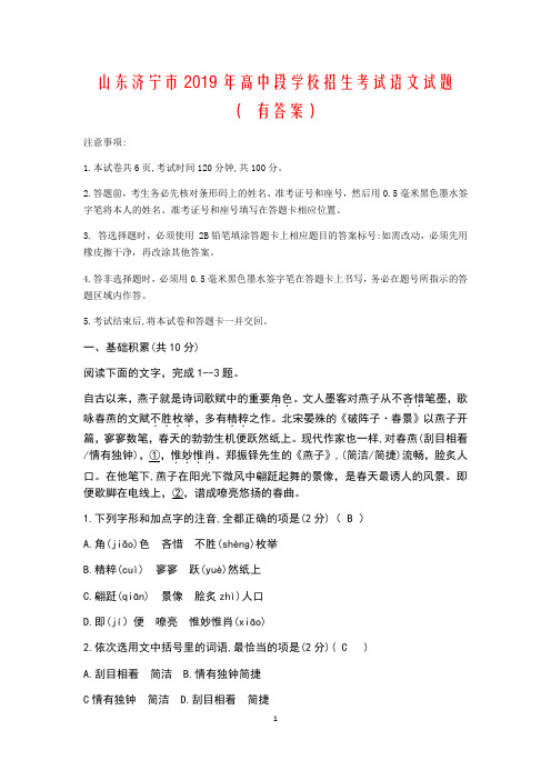 山东省济宁市2019年高中段学校招生考试题语文试题(含答案)