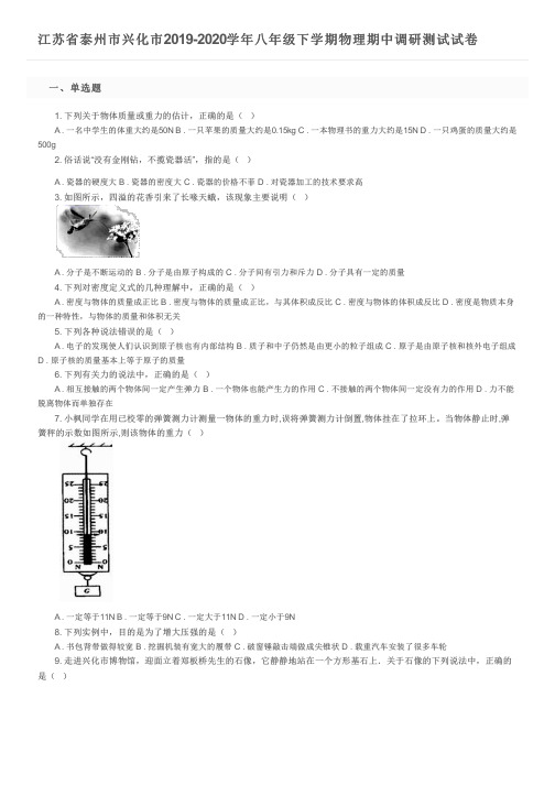 江苏省泰州市兴化市2019-2020学年八年级下学期物理期中调研测试试卷及参考答案