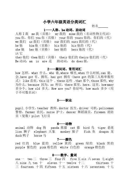 外研版小学六年级英语词汇分类