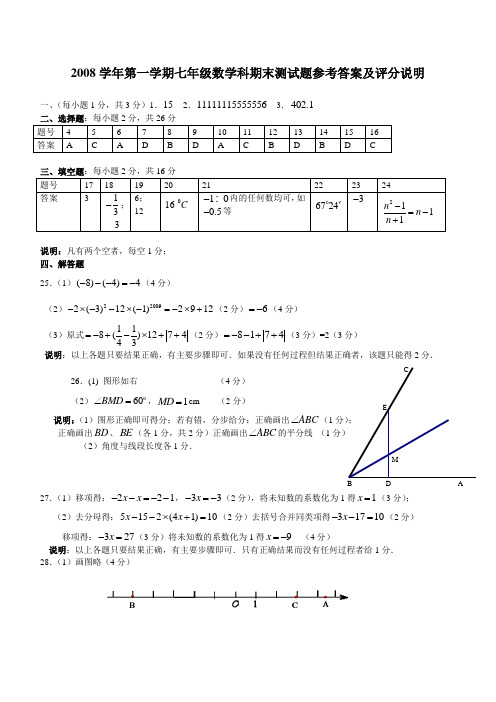 2008学年第一学期七年级数学科期末测试题参考答案及评分说明