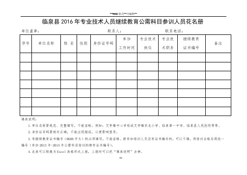 临泉县2016年专业技术人员继续教育公需科目参训人员花名册