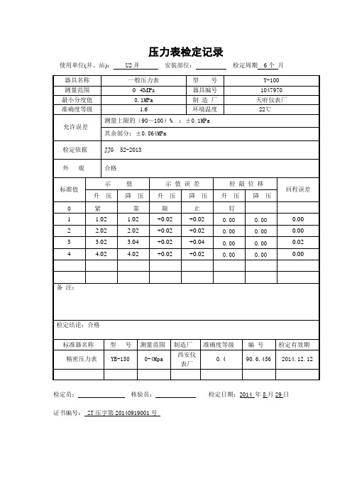 一般压力表检定记录 Y-100 0-4MPa