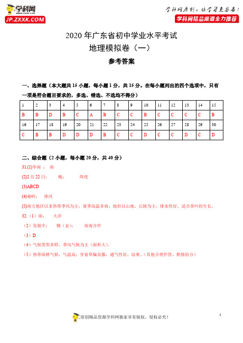 全真模拟卷02-2020年中考地理全真模拟试卷(广东省)(参考答案)