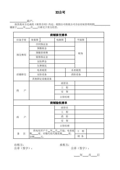 商铺进场移交验收单