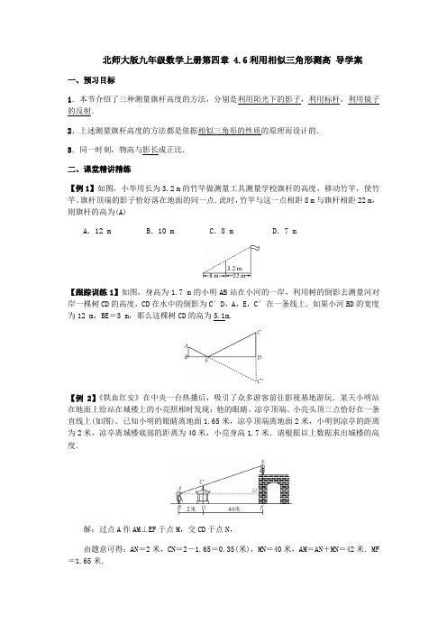 北师大版九年级数学上册4.6：利用相似三角形测高 导学案(含答案)