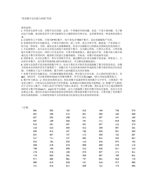 “英语数字反应能力训练”用表