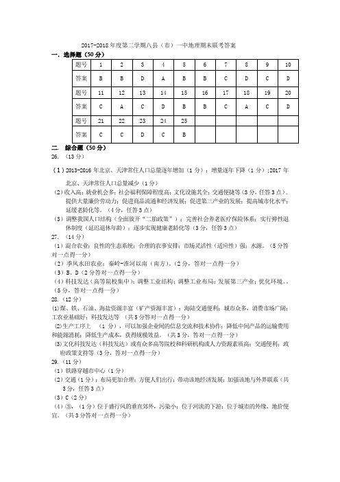 福建福州八县一中高一下学期期末联考地理答案2