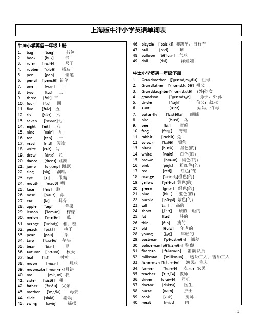 上海牛津版一到六年级英语词汇表(带音标)