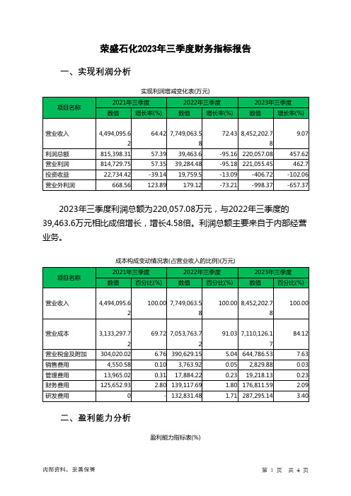 002493荣盛石化2023年三季度财务指标报告