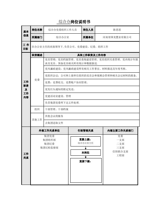 综合办公室人员岗位说明书